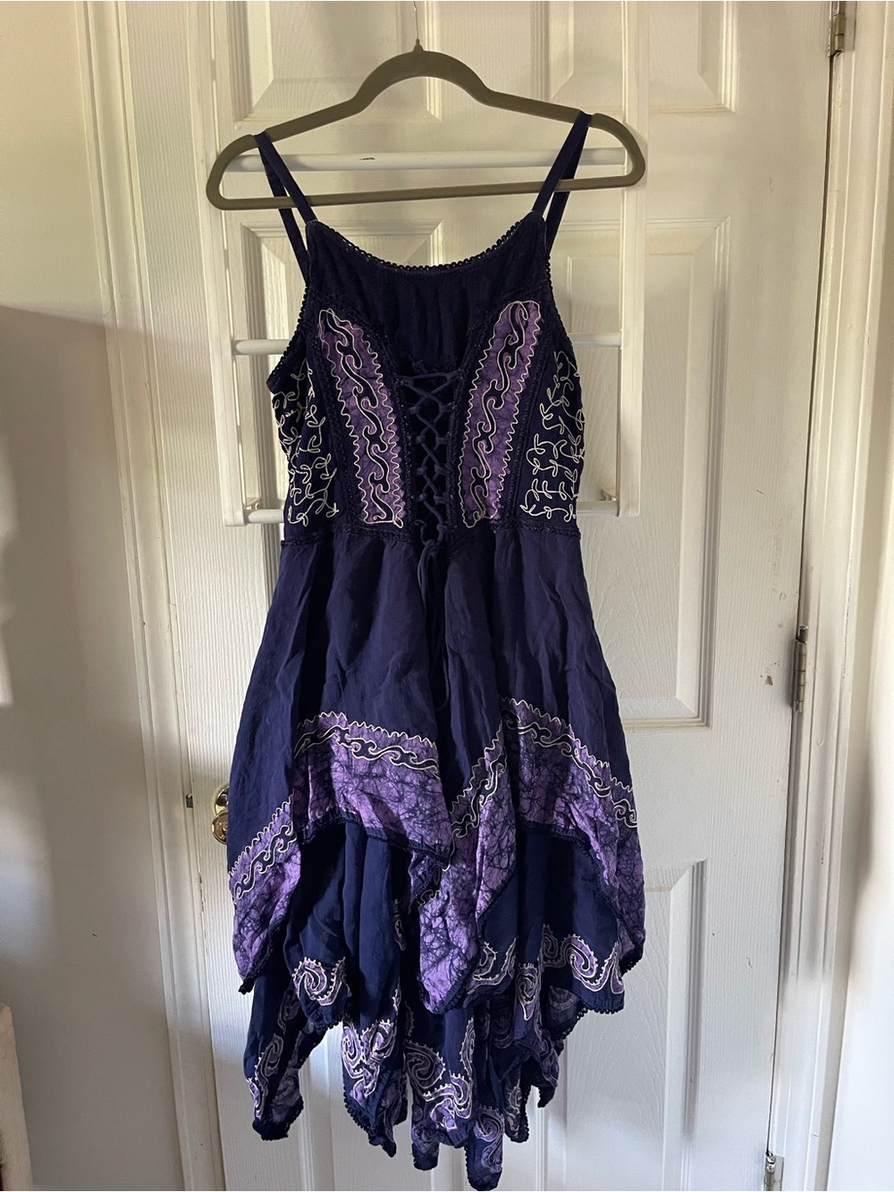 Sakkas Ren Faire Fairycore Boho Dress Purple Batik Corset Embrodiery Free Size